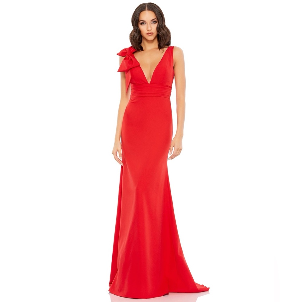 MAC DUGGAL Bow Shoulder V-Neck Gown Red Dress NEW Size 10